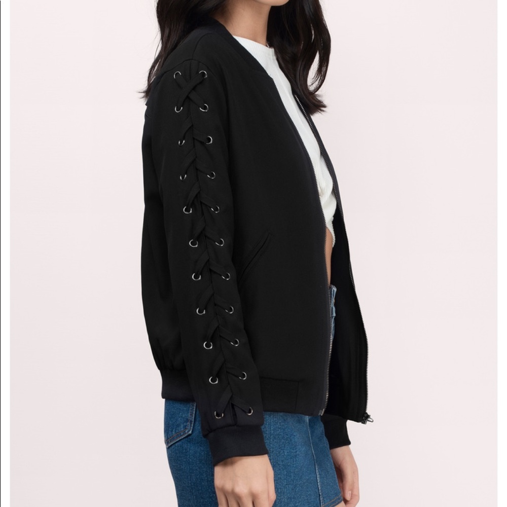 Black Bomber Jacket Lace Up Sleeves sz S/M - Picture 2 of 6